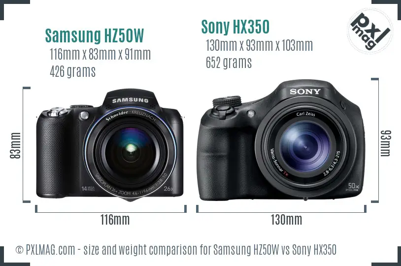 Samsung HZ50W vs Sony HX350 size comparison