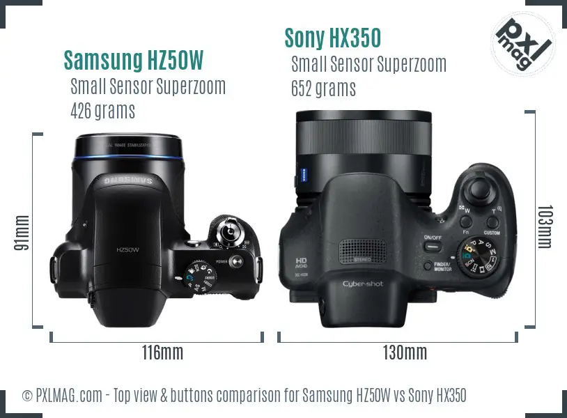 Samsung HZ50W vs Sony HX350 top view buttons comparison