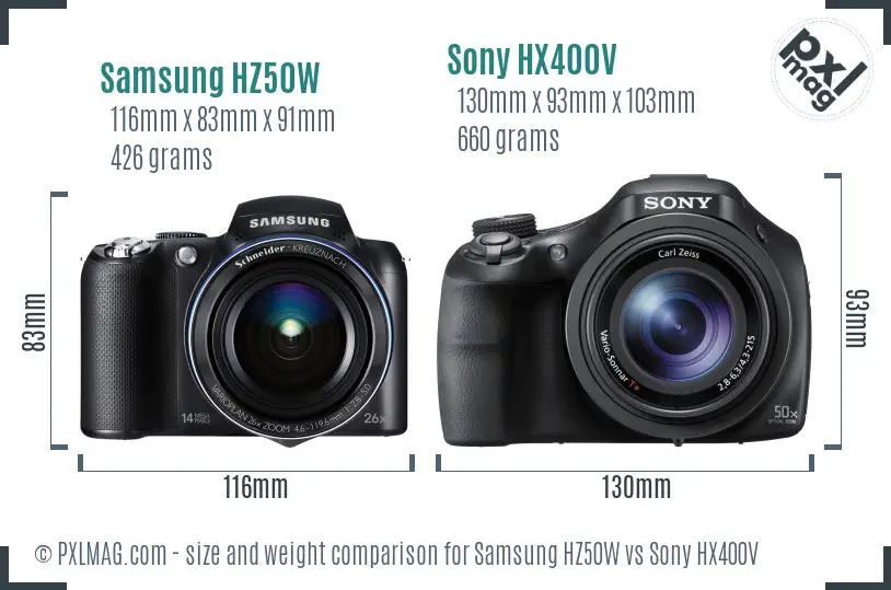 Samsung HZ50W vs Sony HX400V size comparison