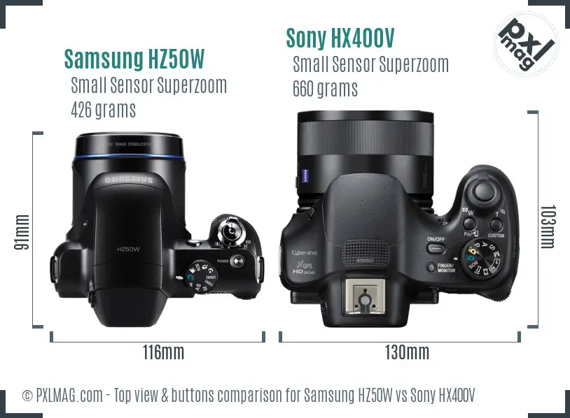 Samsung HZ50W vs Sony HX400V top view buttons comparison