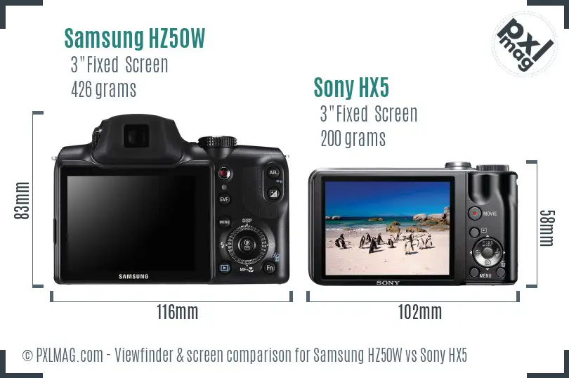 Samsung HZ50W vs Sony HX5 Screen and Viewfinder comparison