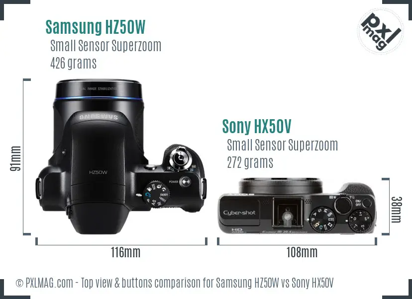 Samsung HZ50W vs Sony HX50V top view buttons comparison