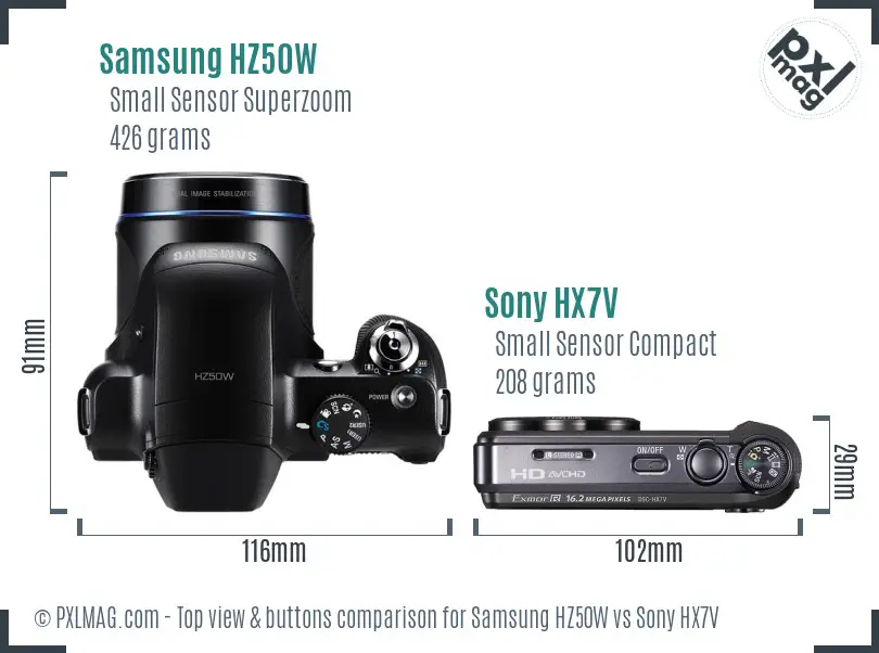 Samsung HZ50W vs Sony HX7V top view buttons comparison