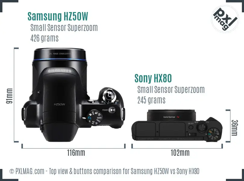 Samsung HZ50W vs Sony HX80 top view buttons comparison