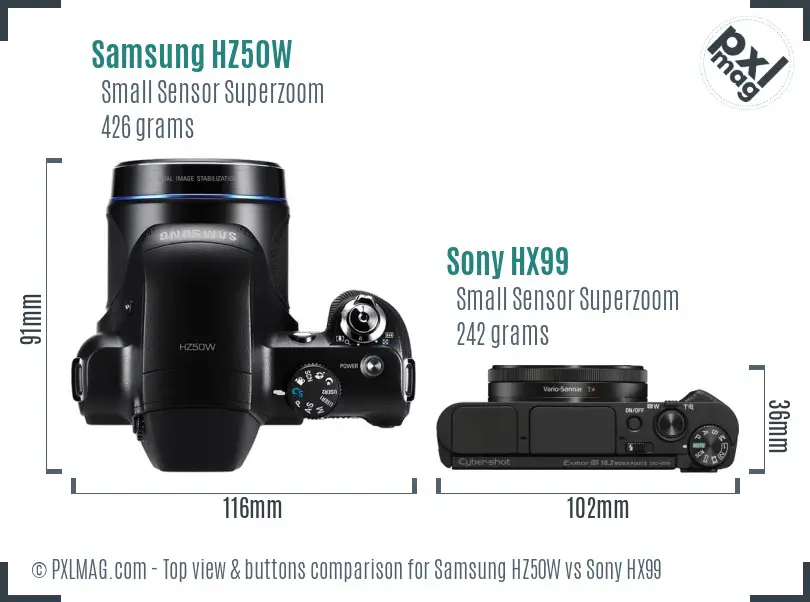Samsung HZ50W vs Sony HX99 top view buttons comparison