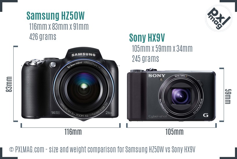 Samsung HZ50W vs Sony HX9V size comparison