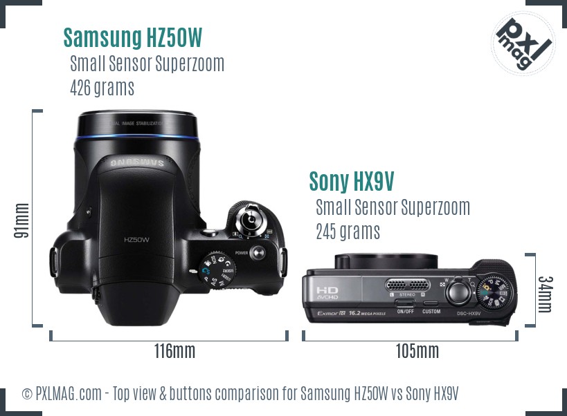 Samsung HZ50W vs Sony HX9V top view buttons comparison