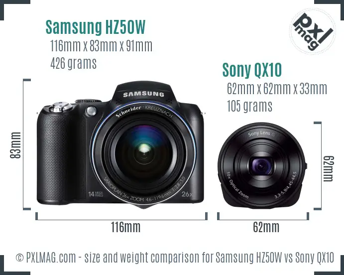 Samsung HZ50W vs Sony QX10 size comparison