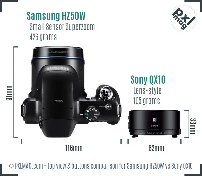Samsung HZ50W vs Sony QX10 top view buttons comparison