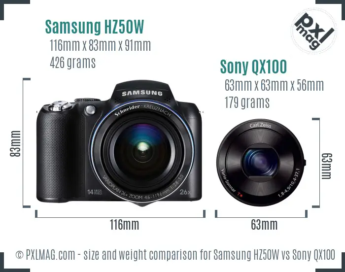 Samsung HZ50W vs Sony QX100 size comparison