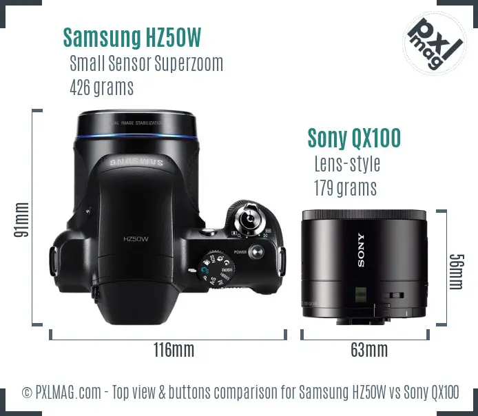 Samsung HZ50W vs Sony QX100 top view buttons comparison