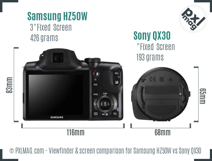 Samsung HZ50W vs Sony QX30 Screen and Viewfinder comparison