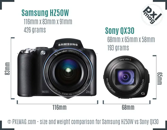Samsung HZ50W vs Sony QX30 size comparison