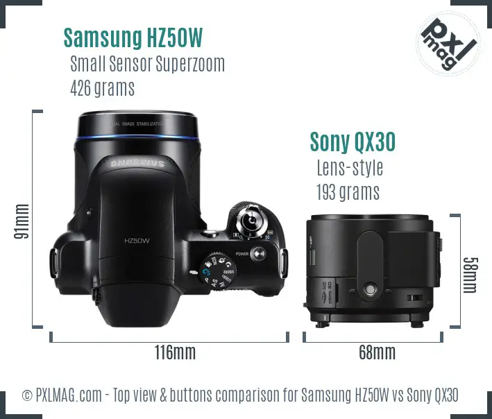 Samsung HZ50W vs Sony QX30 top view buttons comparison