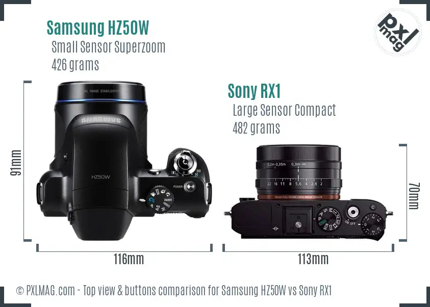 Samsung HZ50W vs Sony RX1 top view buttons comparison