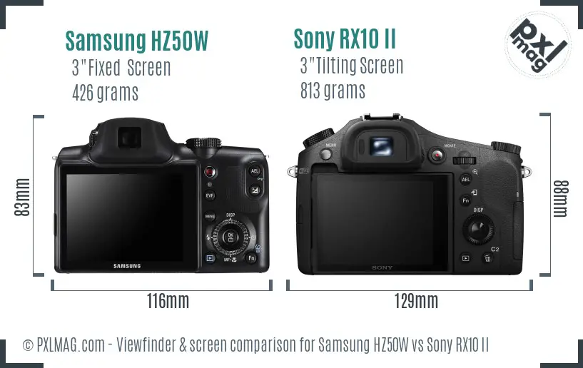 Samsung HZ50W vs Sony RX10 II Screen and Viewfinder comparison