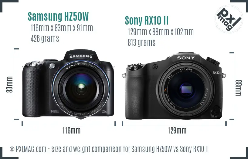 Samsung HZ50W vs Sony RX10 II size comparison
