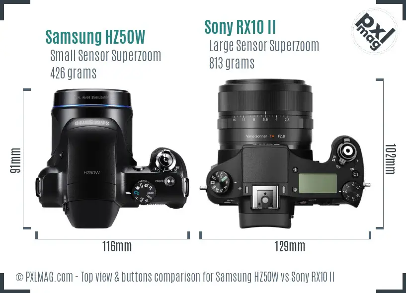 Samsung HZ50W vs Sony RX10 II top view buttons comparison