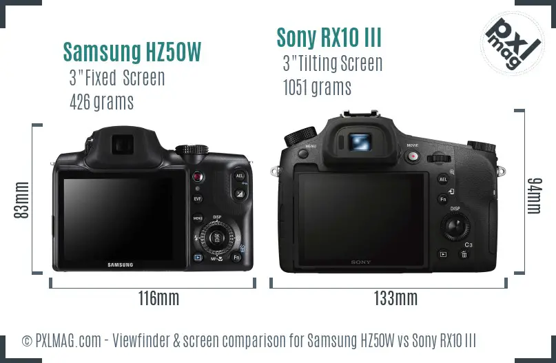 Samsung HZ50W vs Sony RX10 III Screen and Viewfinder comparison