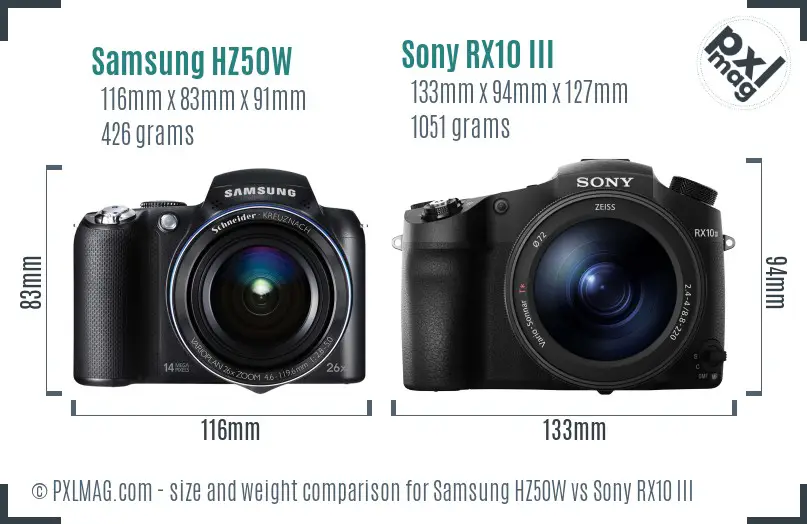 Samsung HZ50W vs Sony RX10 III size comparison
