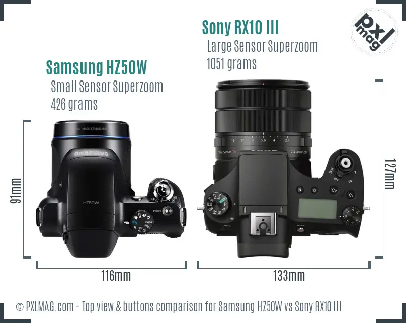 Samsung HZ50W vs Sony RX10 III top view buttons comparison