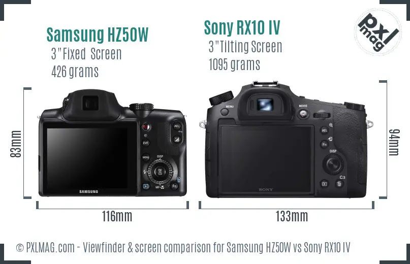 Samsung HZ50W vs Sony RX10 IV Screen and Viewfinder comparison