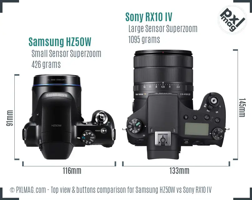 Samsung HZ50W vs Sony RX10 IV top view buttons comparison