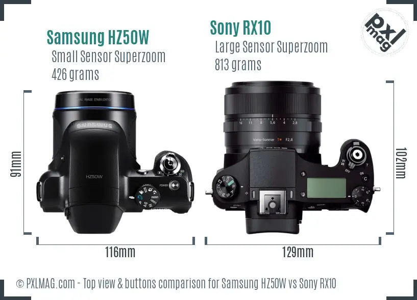Samsung HZ50W vs Sony RX10 top view buttons comparison