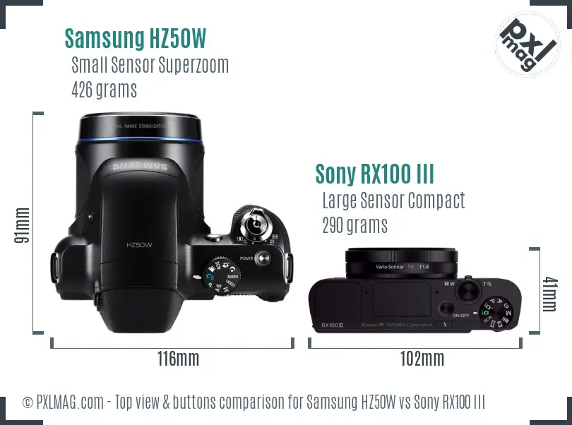 Samsung HZ50W vs Sony RX100 III top view buttons comparison