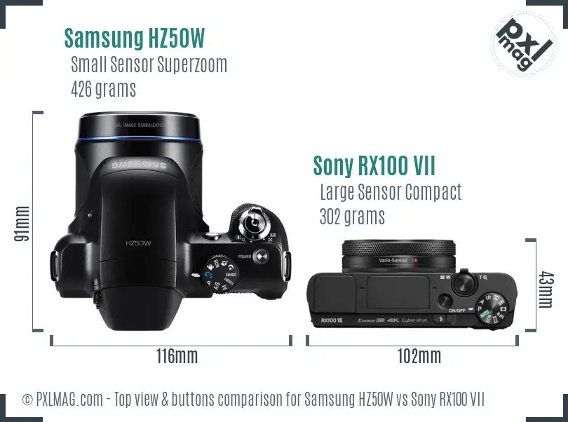 Samsung HZ50W vs Sony RX100 VII top view buttons comparison
