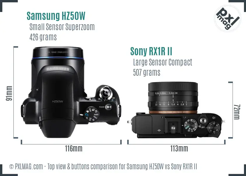 Samsung HZ50W vs Sony RX1R II top view buttons comparison