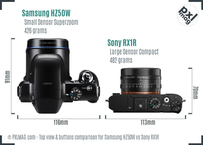 Samsung HZ50W vs Sony RX1R top view buttons comparison