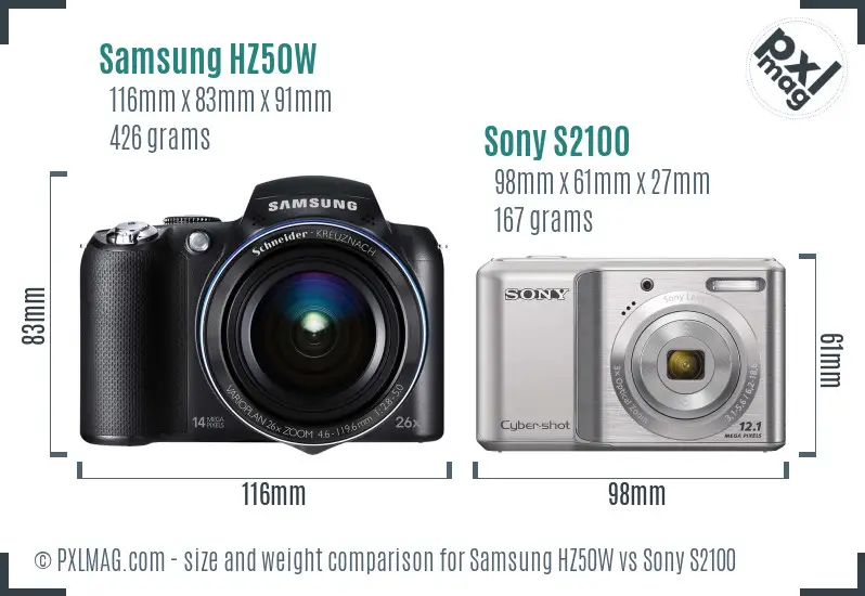 Samsung HZ50W vs Sony S2100 size comparison
