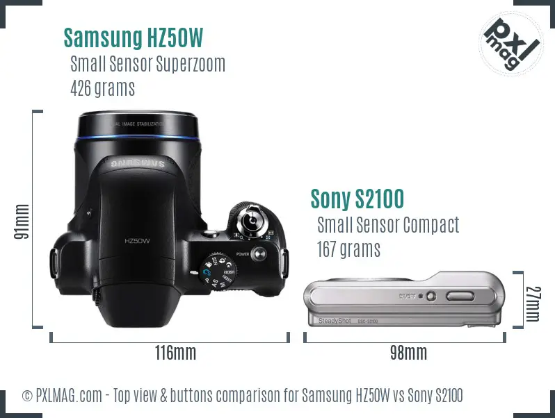 Samsung HZ50W vs Sony S2100 top view buttons comparison