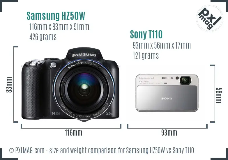 Samsung HZ50W vs Sony T110 size comparison