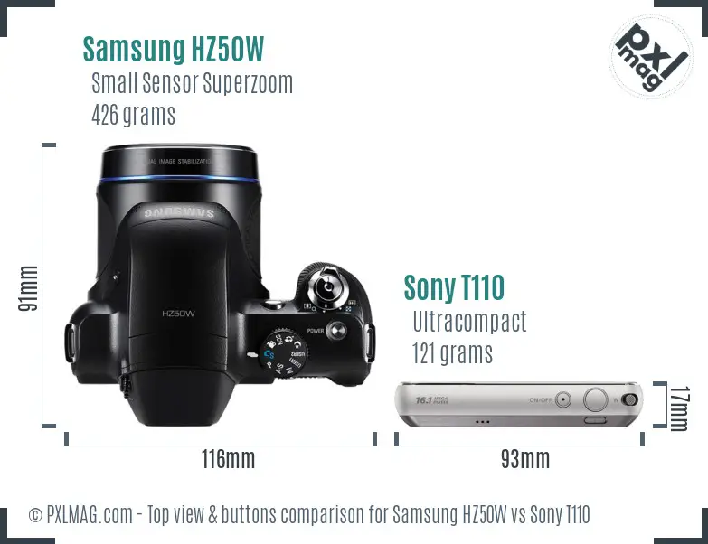 Samsung HZ50W vs Sony T110 top view buttons comparison