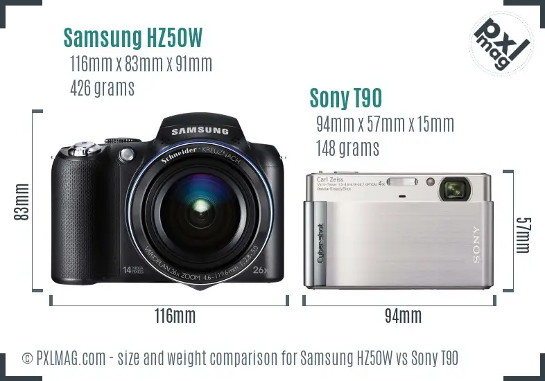 Samsung HZ50W vs Sony T90 size comparison