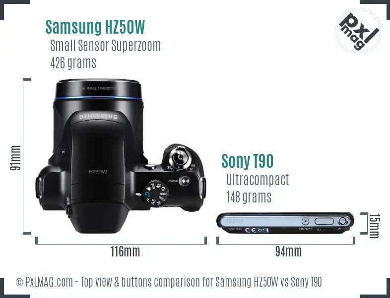 Samsung HZ50W vs Sony T90 top view buttons comparison
