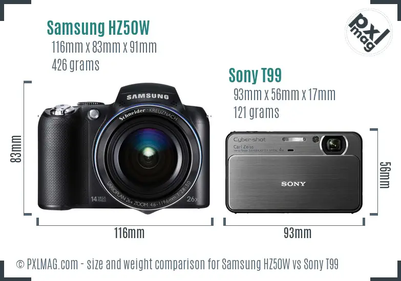 Samsung HZ50W vs Sony T99 size comparison