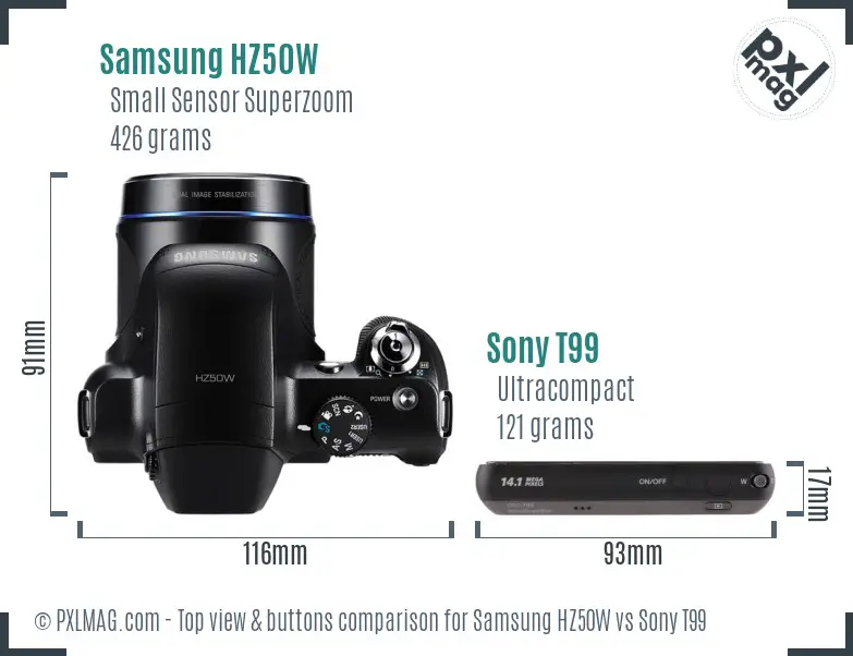 Samsung HZ50W vs Sony T99 top view buttons comparison
