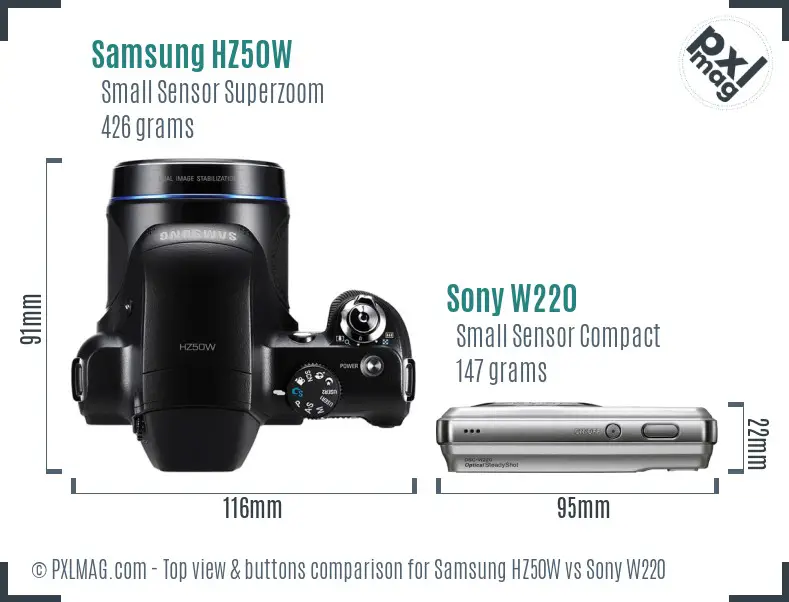 Samsung HZ50W vs Sony W220 top view buttons comparison