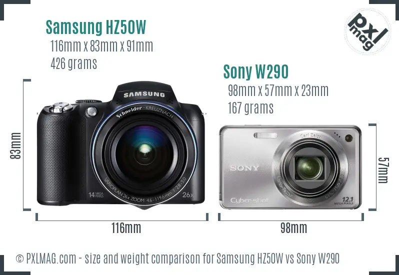 Samsung HZ50W vs Sony W290 size comparison