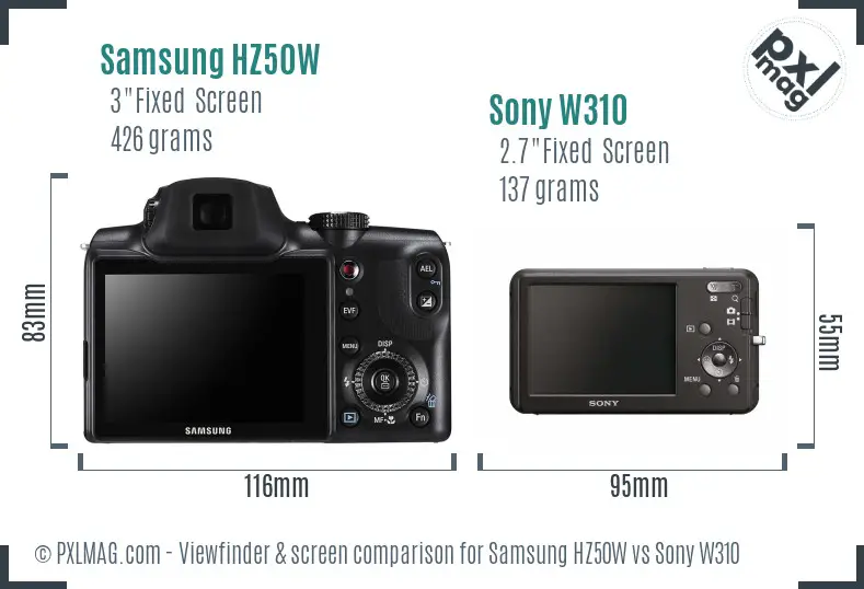 Samsung HZ50W vs Sony W310 Screen and Viewfinder comparison