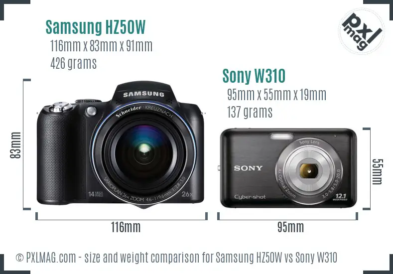 Samsung HZ50W vs Sony W310 size comparison