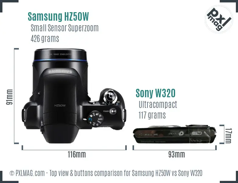 Samsung HZ50W vs Sony W320 top view buttons comparison