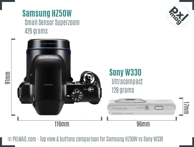 Samsung HZ50W vs Sony W330 top view buttons comparison
