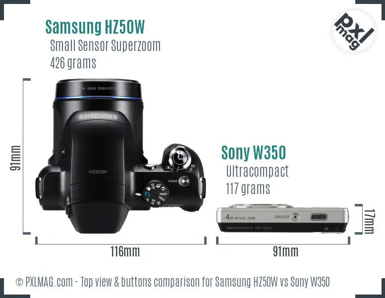 Samsung HZ50W vs Sony W350 top view buttons comparison