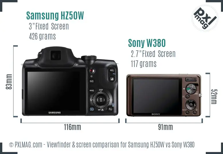 Samsung HZ50W vs Sony W380 Screen and Viewfinder comparison