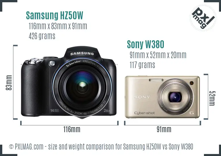 Samsung HZ50W vs Sony W380 size comparison