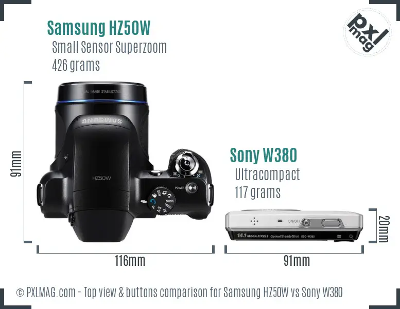 Samsung HZ50W vs Sony W380 top view buttons comparison